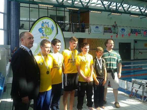  U16 medley relay team with Gerry davenport community games and coach Conor Boyce.