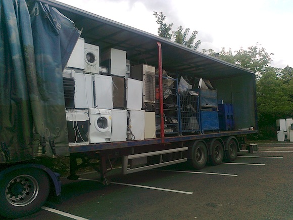 One of the nine articulated lorries filled with electrical goods.