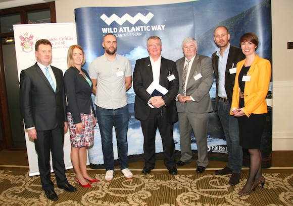 Speakers from Thursdays Connecting the Wild Atlantic Way Tourism Conference organised by Donegal County Council, Failte Ireland and Donegal Tourism.  Left to right Seamus Neely, Donegal County Council, Fiona Monaghan, Failte Ireland, Alan Coleman, Woolfgang Digital, Charlie Boyle, Customer Service Excellence, Cllr. Nicholas Crossan, Donegal County Council, Andrew Weld Moore, Facebook and Jill Robb, Ambition Digital.