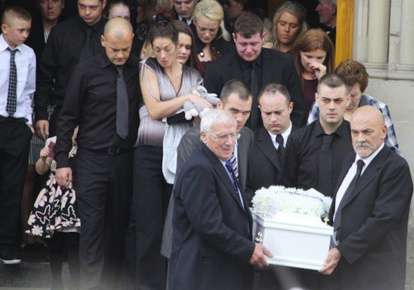 The devastated family of little Joshua Coyle carrying his remains from St Eunan's Cathedral after his funeral mass today. Pic copyright of North West Newspix.