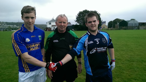The Colaiste Ailigh and Finn Valley captains meet before the game.