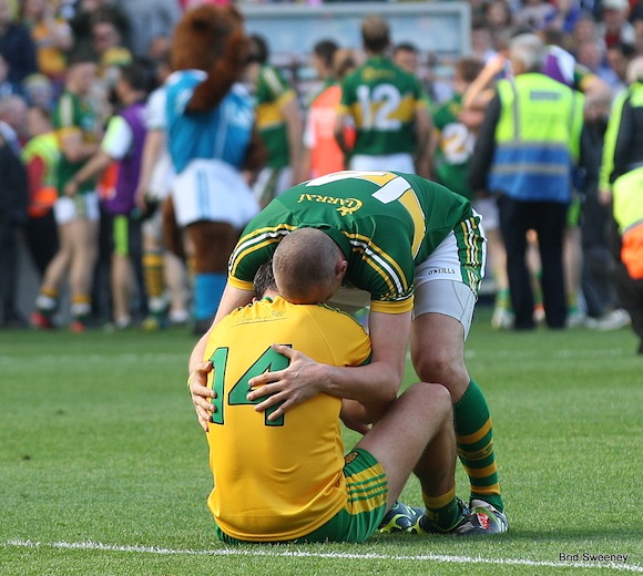 Michael Murphy is inconsolable at Croke Park as he is hugged by that man Donaghey. Pic by Brid Sweeney.