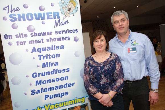 The Shower Man, Brian Gillespie, pictured with his wife Annette at last year’s business showcase event in the Clanree Hotel.