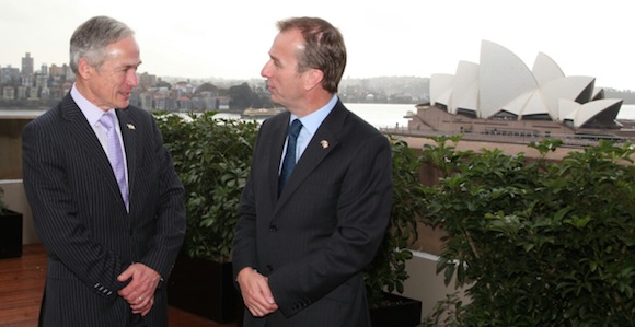 Malachi Eastwood, Managing Director, Gartan Technologies, pictured with the Minister for Jobs, Enterprise and Innovation, Richard Bruton TD on a recent trade mission to Australia organised by Enterprise Ireland. The Donegal based software company is expanding its operations to Australia and opened an office in Sydney on Monday, November 3rd.