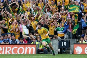 Ryan McHugh wheels away in delight after scoring a crucial goal against Dublin in August. 