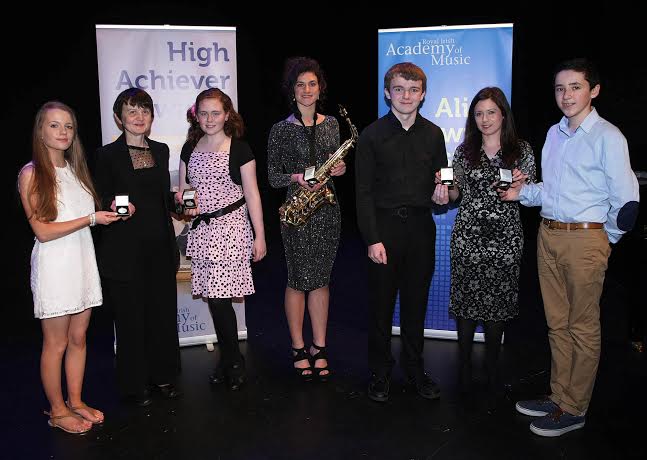Recipients from County Donegal receiving their High Achiever's Award from the Royal Irish Academy of Music at the Waterside Theatre, Derry on Sunday last, from Theresa Doyle, Local Centre Manager, Royal Irish Academy of Music (second from left) and Dr. Jennifer McCay, Chair of Senior Examiners, Royal Irish Academy of Music (second from right). From left are Aisling Sharkey, Kincasslagh, Marie McGirr, Donegal Town, Lara Sweeney, Ardagh, Ceolan McMullian, Ballyshannon and Ciaran Traynor, Ballybofey.