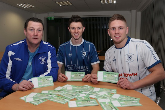Former Ballybofey United underage players Johnny Dunleavy and Jason Quigley, pictured with Paul "Ollie" Doherty, were delighted to promote the club's COW PAT CHALLENGE which was officially launched on Wednesday NIGHT