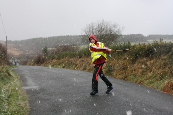 Eoin McLaughlin lets fly in testing conditions.