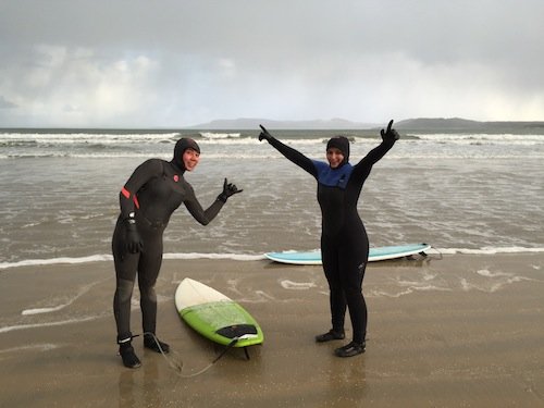 The brave pair get ready for their surf.