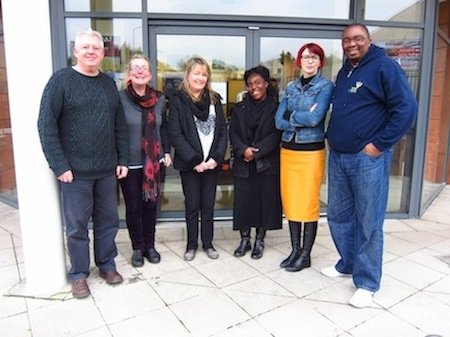 Standing outside the Port Road location of the new Donegal Intercultural Platform drop-in service which takes place on Friday afternoons in the Letterkenny office of Donegal Travellers Project. Pictured are representatives of both organisations: Paul Kernan, Siobhán McLaughlin, Catherine Conaghan, Georgina Aduboahene, Paula Leonard, and Billy Banda.