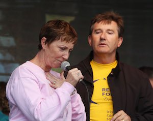 An emotional Majella O'Donnell wipes away a tear while Daniel was performing at the Relay for Life in Letterkenn last year. (North wEst Newspix)