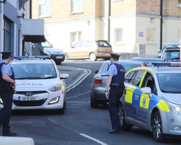 Gardai at the scene f today's raids at Fortwell Apartments in Letterkenny. Pic by Northwest Newspix.