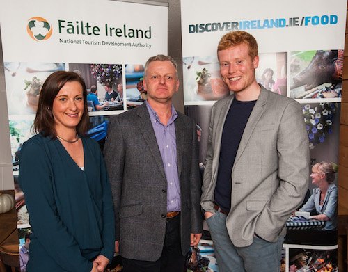 Failte Ireland's Sinead Hennessy pictured with Ciarán ó hAnnracháin from Letterkenny IT and Mark Moriarty, EuroToques/Fáilte Ireland Young Chef of the Year 2013 and top young chef in the world after his win in Milan’s San Pellegrino Young Chef competition 2015 in Ard Bia. Photo : Reg Gordon