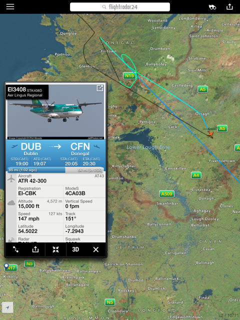 The computer image which shows the flightpath of the plane returning to Dublin from Donegal. Image courtesy of Alister Kilpatrick.