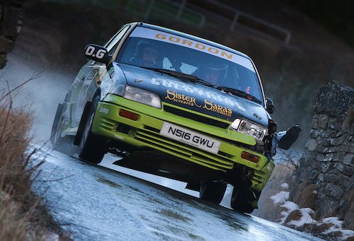 The ragget edge, David Gordan and Keith HArris on their 1st every rally push though the stage with the battle scares to show Photo Brian McDaid