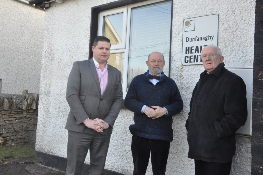 Seamus O Domhnaill, Dr.Paul Stewart and Pat the Cope Gallagher pictured at Dunfanaghy Health Centre. 