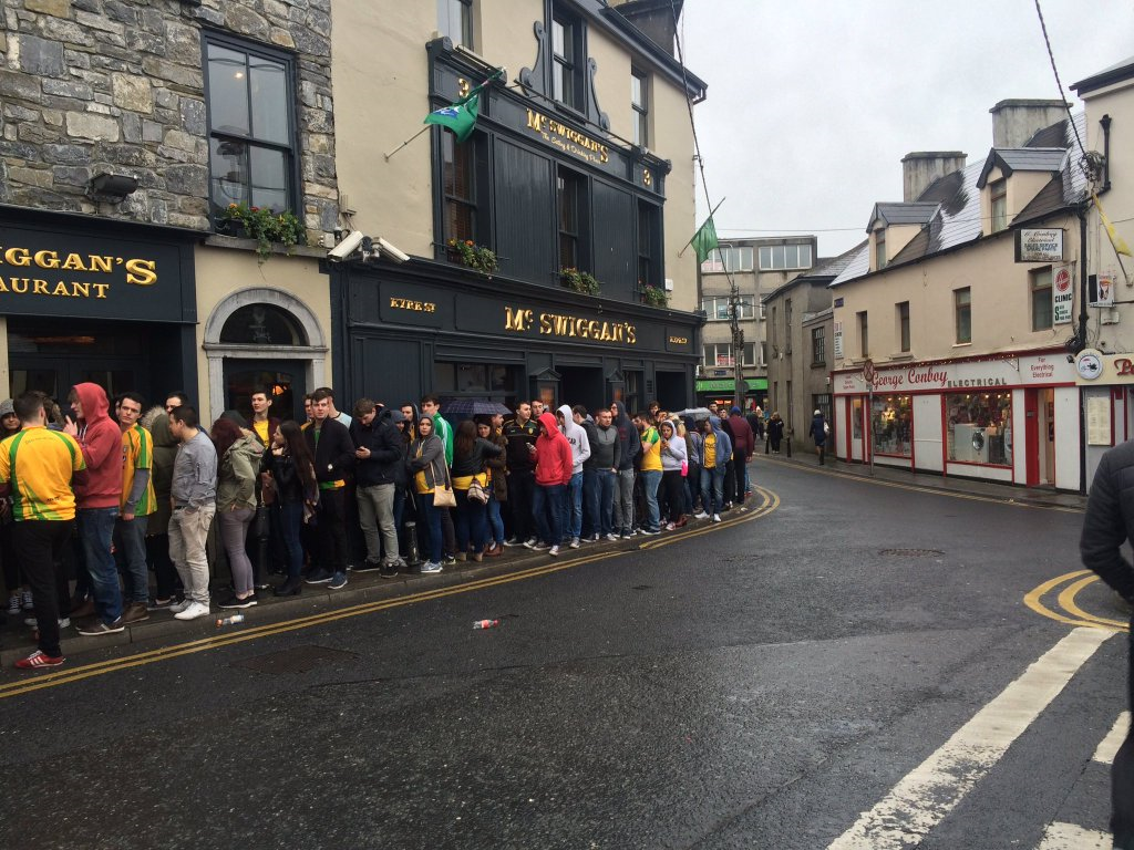The queue outside The Hole in the Wall pub in Galway ahead of Donegal Tuesday. 