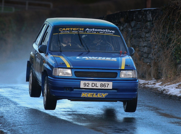 Daniel Kelly on the recent Mini Stages Rally as he leaps over the bridge in Corsa. Photo Brian McDaid