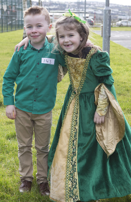 Ethan Barron and Calea Carr at teh record attempt to form the largest Shamrock. (North West Newspix)