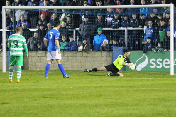 Richard Brush makes a save during Finn Harps clash with Shamrock Rovers at Finn Park tonight. Pic by North-West Newspix. 