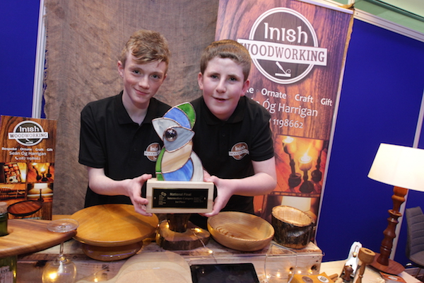 Donegal’s Local Enterprise Office is celebrating this week after two Donegal schools won prizes at this year’s Student Enterprise Awards. Pictured are Sean Óg Harrigan and Oisín McLaughlin, (both aged 14), from Scoil Mhuire Buncrana, who won the overall Intermediate Category for their business ‘Inish Woodworking,’ which makes bespoke wooden crafts for export, including bowls, lamps, candlesticks and cheese-boards.