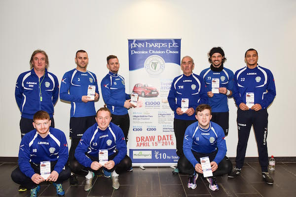 Finn Harps staff & players invite the public to back their car draw which club says is vital to meeting costs of Premier Division. Pictured are (Back row) Manager Ollie Horgan, Damien McNulty, Club Captain Kevin McHugh, Tommy Harkin, Richard Brush, Ethan Boyle. Front: Adam Hanlon, Michael Rafter & Tony McNamee. (Pic. Geraldine Diver)