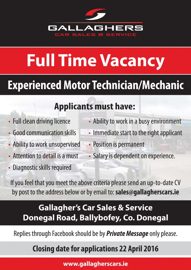 JOB VACANCY GALLAGHER’S CAR SALES AND SERVICE SEEK FULLTIME MOTOR