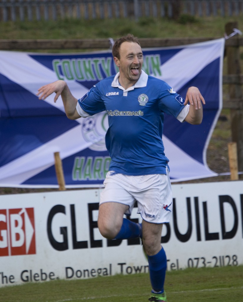 David Scully celebrates his goal against Bray which earned Finn Harps three valuable points.  (North West Newspix)