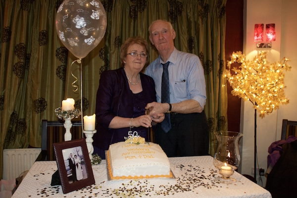John and Betty Harkin cutting the cake, 50 years later, on their Golden Wedding Anniversary at their celebration recently in Termon.