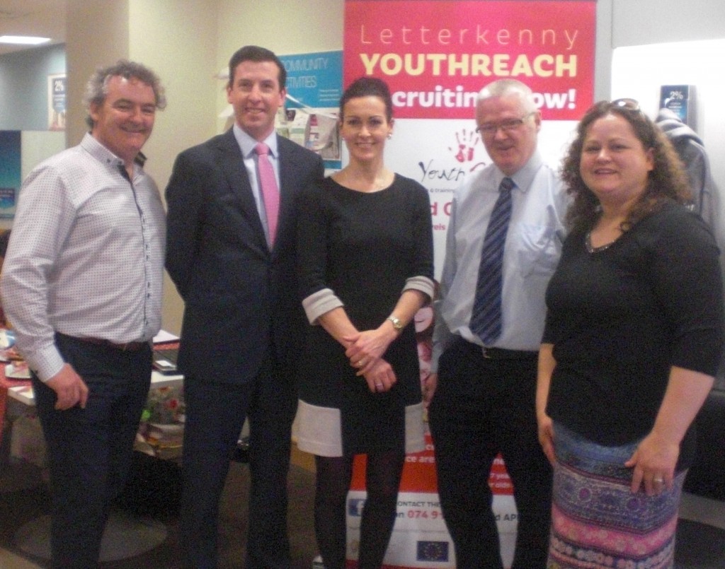 Pictured are Letterkenny Youthreach Learner Advocate Donal Gillespie, left, with Bank of Ireland managers Barry Gallagher, Yvonne Boal, Paddy Mc Creevy and Letterkenny Youthreach Acting Co-Ordinator Gillian Kennedy.