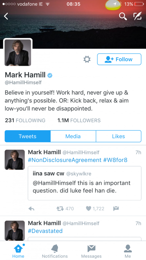 Mark Hamill's twitter profile with picture of Malin Head.