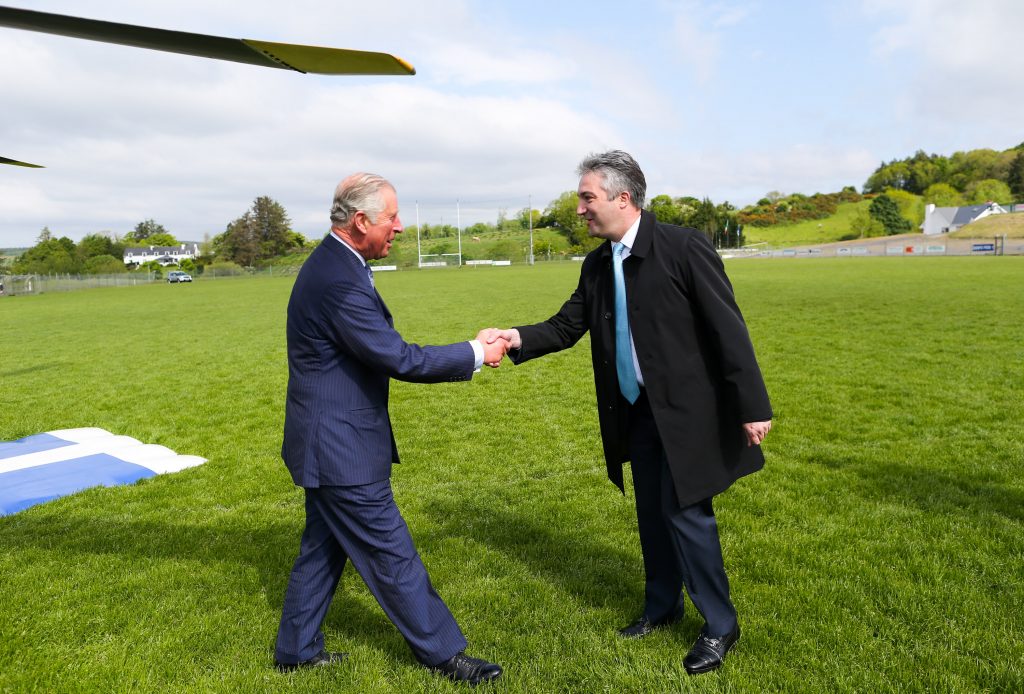 Visit to Ireland by The Prince of Wales and the Duchess of Cornwall. Donegal, Ireland. Pic Shows: (l to r) HRH The Prince of Wales being greeted by Mr. Gerald Angley: Director British Irish Relations at the Department of Foreign Affairs and Trade as he stepped out of the helicopter in Donegal. PIC:MAXWELLPHOTOGRAPHY.IE