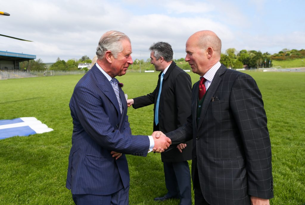 25/05/2016 NO REPRO FEE, MAXWELLS DUBLIN, IRELAND Visit to Ireland by The Prince of Wales and the Duchess of Cornwall. Donegal, Ireland. Pic Shows: HRH The Prince of Wales being greeted by H.E. Mr. Dominick Chilcott, British Ambassador to Ireland as he stepped out of the helicopter in Donegal. PIC: NO FEE, MAXWELLPHOTOGRAPHY.IE