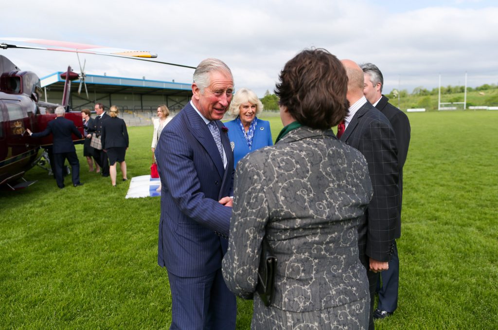 25/05/2016 NO REPRO FEE, MAXWELLS DUBLIN, IRELAND Visit to Ireland by The Prince of Wales and the Duchess of Cornwall. Donegal, Ireland. Pic Shows: HRH The Prince of Wales being greeted by Ms. Jane Chilcott , wife of the British Ambassador to Ireland as he stepped out of the helicopter in Donegal. PIC: NO FEE, MAXWELLPHOTOGRAPHY.IE