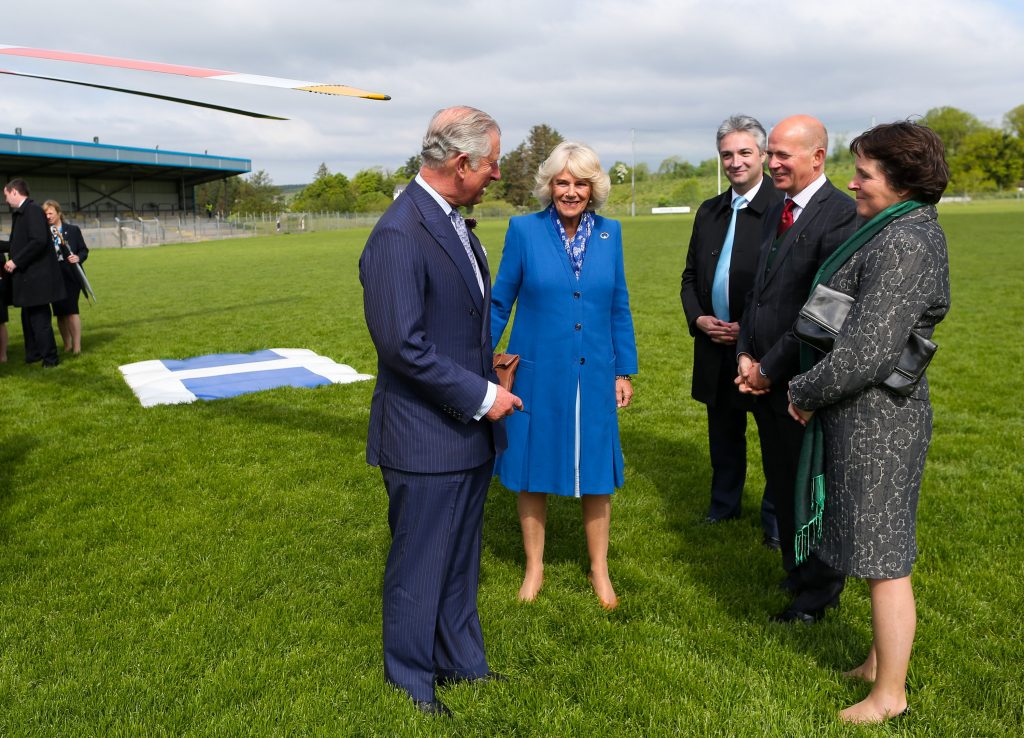 25/05/2016 NO REPRO FEE, MAXWELLS DUBLIN, IRELAND Visit to Ireland by The Prince of Wales and the Duchess of Cornwall. Donegal, Ireland. Pic Shows: HRH The Prince of Wales with the Duchess of Cornwall being greeted by (l to r) Mr. Gerald Angley: Director British Irish Relations at the Department of Foreign Affairs, H.E. Mr. Dominick Chilcott, British Ambassador to Ireland and his wife; Ms. Jane Chilcott as he arrives by helicopter to Donegal. PIC: NO FEE, MAXWELLPHOTOGRAPHY.IE