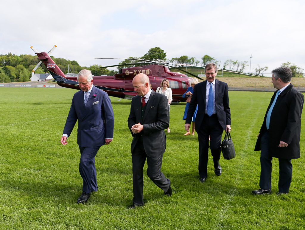 25/05/2016 NO REPRO FEE, MAXWELLS DUBLIN, IRELAND Visit to Ireland by The Prince of Wales and the Duchess of Cornwall. Donegal, Ireland. Pic Shows: HRH The Prince of Wales being greeted by H.E. Mr. Dominick Chilcott, British Ambassador to Ireland as he arrives by helicopter to Donegal. PIC: NO FEE, MAXWELLPHOTOGRAPHY.IE