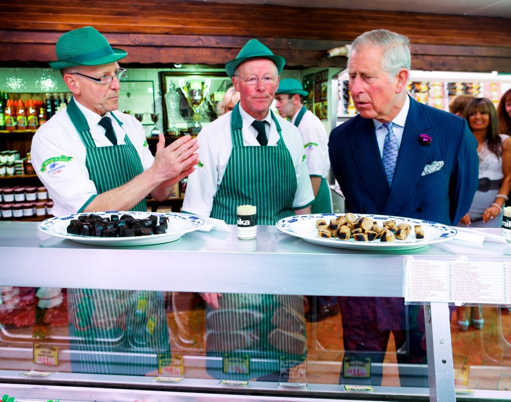 25/05/2016 NO REPRO FEE, MAXWELLS DUBLIN, IRELAND Visit to Ireland by The Prince of Wales and the Duchess of Cornwall. Donegal, Ireland. Pic Shows: HRH The Prince of Wales in conversation with the McGettigan brothers; Ernan McGettigan and Diarmuid McGettigan at a visit to McGettigan Butchers Shop in Donegal town. PIC: NO FEE, MAXWELLPHOTOGRAPHY.IE