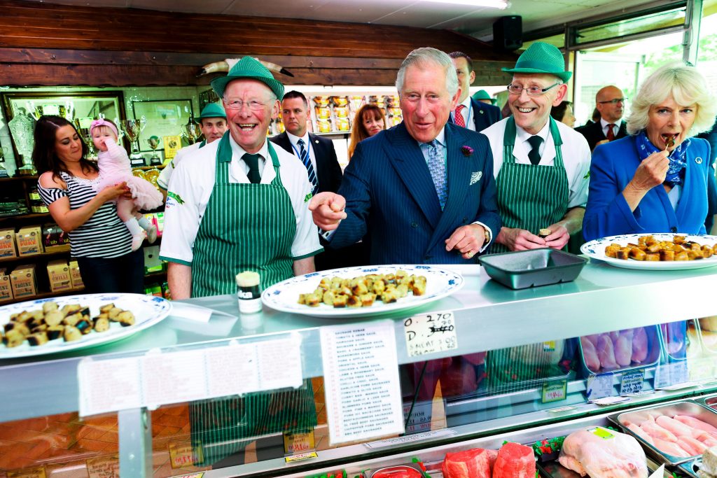 25/05/2016 NO REPRO FEE, MAXWELLS DUBLIN, IRELAND Visit to Ireland by The Prince of Wales and the Duchess of Cornwall. Donegal, Ireland. Pic Shows: HRH The Prince of Wales and the Duchess of Cornwall in conversation with the McGettigan brothers; Ernan McGettigan and Diarmuid McGettigan at a visit to McGettigan Butchers Shop in Donegal town. PIC: NO FEE, MAXWELLPHOTOGRAPHY.IE