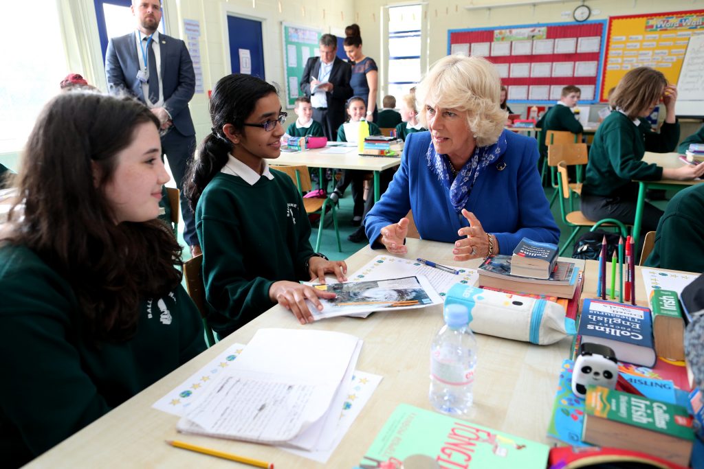 25/05/2016 NO REPRO FEE, MAXWELLS DUBLIN, IRELAND Visit to Ireland by The Prince of Wales and the Duchess of Cornwall. Donegal, Ireland. Pic shows the Duchess of Cornwall meeting pupils of Ballyraine National School. PIC: NO FEE, MAXWELLPHOTOGRAPHY.IE