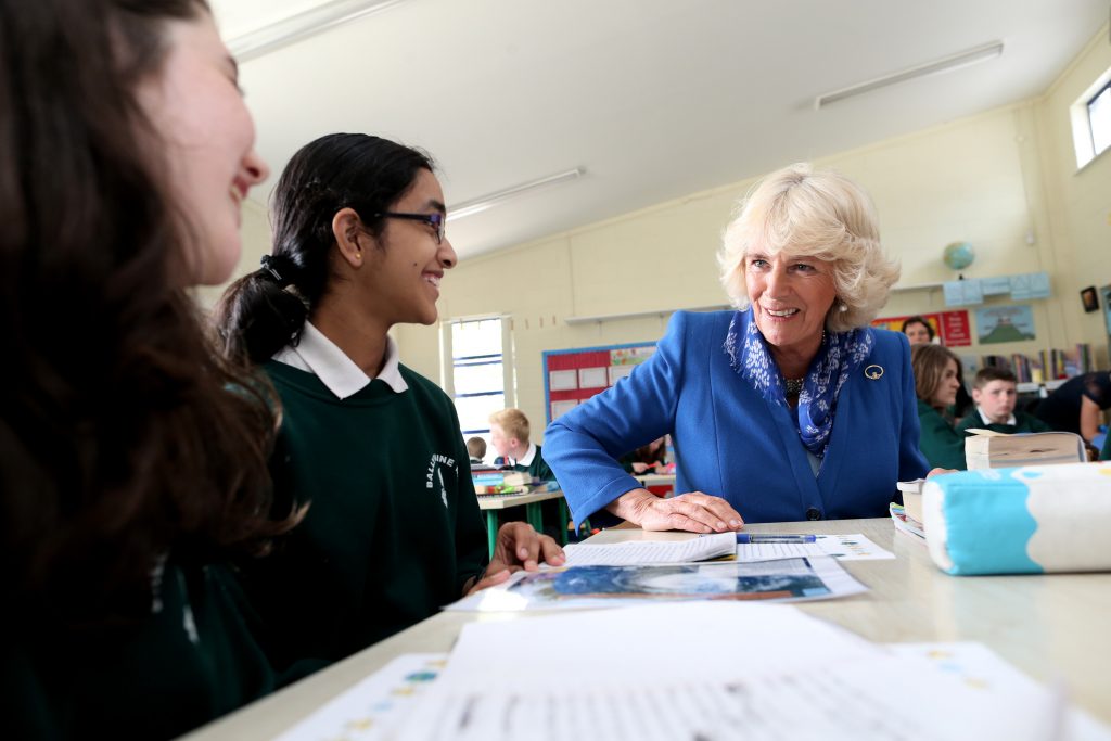 25/05/2016 NO REPRO FEE, MAXWELLS DUBLIN, IRELAND Visit to Ireland by The Prince of Wales and the Duchess of Cornwall. Donegal, Ireland. Pic shows the Duchess of Cornwall meeting pupils of Ballyraine National School. PIC: NO FEE, MAXWELLPHOTOGRAPHY.IE