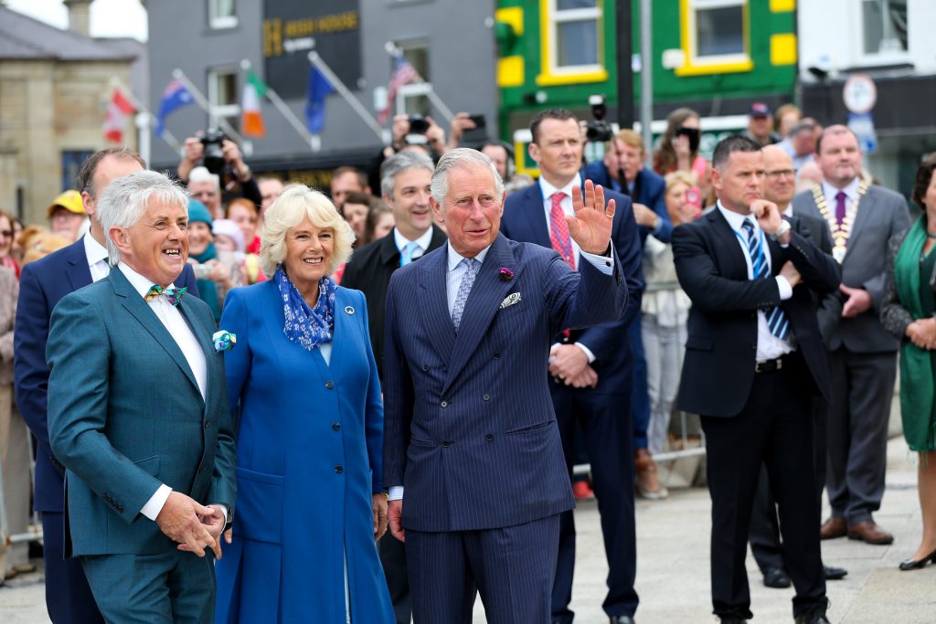 25/05/2016 NO REPRO FEE, MAXWELLS DUBLIN, IRELAND Visit to Ireland by The Prince of Wales and the Duchess of Cornwall. Donegal, Ireland. Pic Shows: Mr. Noel Cunningham, Television personality and Donegal Tourism greeting HRH The Prince of Wales and the Duchess of Cornwallas they arrive in Donegal Town. PIC: NO FEE, MAXWELLPHOTOGRAPHY.IE