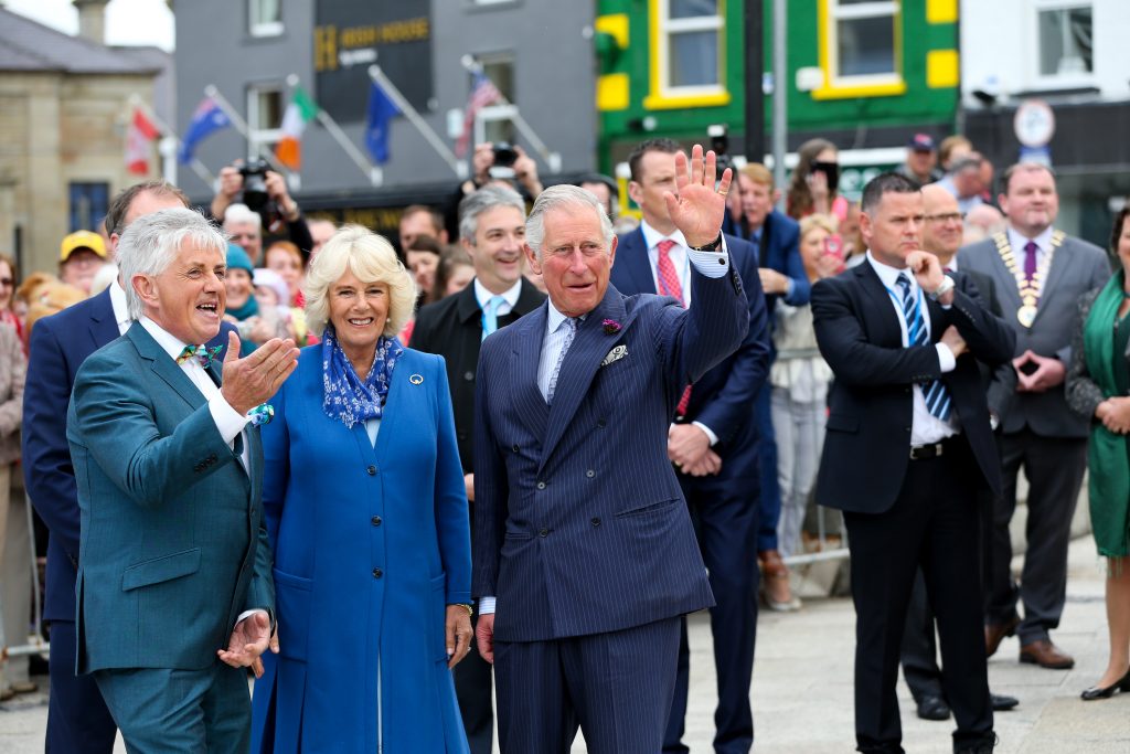 25/05/2016 NO REPRO FEE, MAXWELLS DUBLIN, IRELAND Visit to Ireland by The Prince of Wales and the Duchess of Cornwall. Donegal, Ireland. Pic Shows: Mr. Noel Cunningham, Television personality and Donegal Tourism greeting HRH The Prince of Wales and the Duchess of Cornwallas they arrive in Donegal Town. PIC: NO FEE, MAXWELLPHOTOGRAPHY.IE