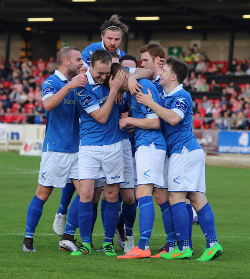 Harps celebrate their opener. Pic by Northwest Newspix.