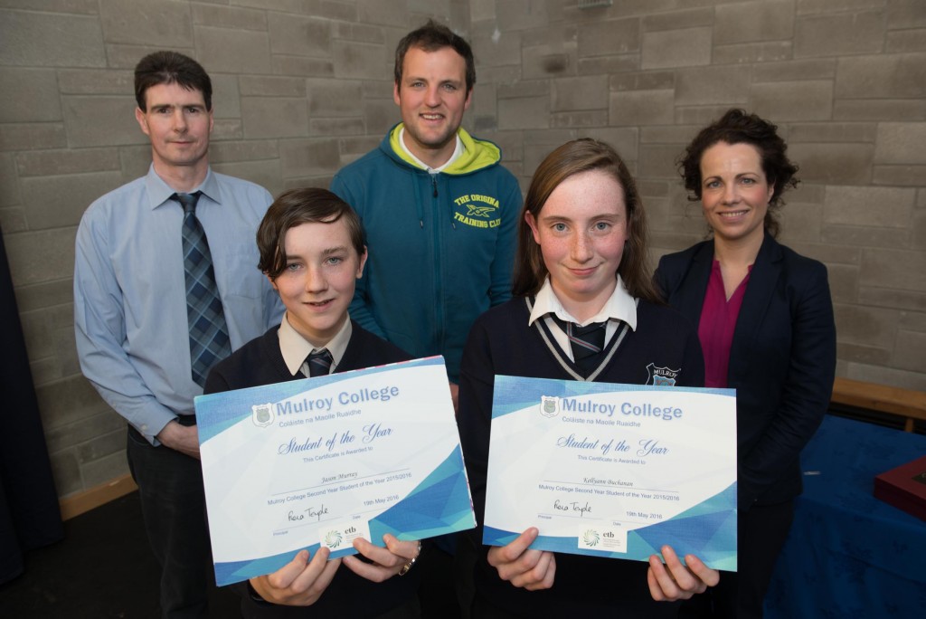 Second year joint Students of the year, Mason Murray and Kellyanne Buchanan with Peadar O'Sullivan, year Head, Michael Murphy, Guest Speaker adn Fiona Temple School Principal at the Mulroy College student awards. Photo:- Clive Wasson