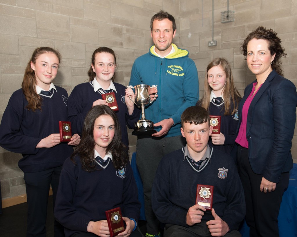 Karen Gallagher Junior Athlete of Year, Eoin Mc Gonigle, Gaelic Player of Year, Megan Ryan, U14 Gaelic Player fo the Year, Calire Friel, 2nd Years Girl Basketball Player of the Year and Kerri Sweeney, U15 Girls Soccer Player of the Year with Michael Murphy, guest Speaker and Fiona Temple, School Principal at the Mulroy College student awards. Photo:- Clive Wasson