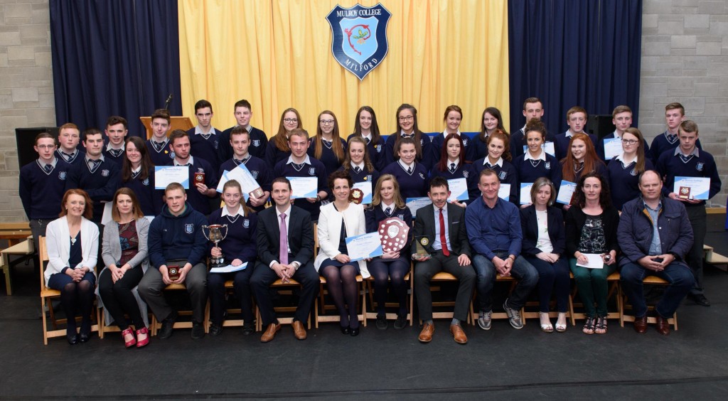 Sixth year prizewinner at the Mulroy College student awards with seated Year head Dympna English, Class teachers Odelle Callaghan, Tara Friel, Declan Doherty and Scátha Farrell, Fiona Temple, School Principal, Student of the year Louise Lynch, Dr. Martin Gormley, Guest Speaker, Sean McFadden, BOM and Tony McCarry, Chairman Parents Association. Photo:- Clive Wasson
