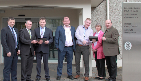Pictured at the launch of the Donegal County Council Public Wi-Fi Service from L-R Sean Dunnion, Brian Boyle, Chief Executive Seamus Neely, Cathaoirleach Cllr. Ciaran Brogan, Daragh McDonough, Eileen Burgess and Garry Martin.