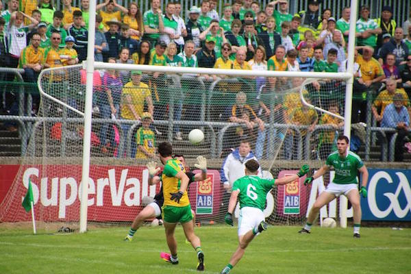 Odhrán puts the ball in the Fermanagh net. Pic Gabrielle Gallagher