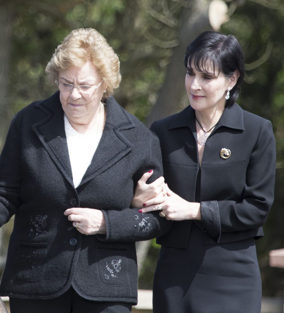 Enya with her mum Baba as the arrive at St Mary's Chapel for the requim mass of her late father Leo Brennan. (North West Newspix)