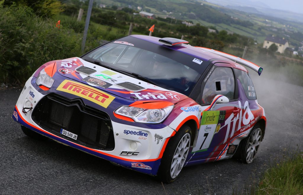 Keith Cronin and Mike Glavin with no tyre on the back wheel on the second run through Trentagh. Photo Brian  McDaid